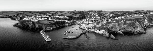 Coast Poster featuring the photograph Mevagissey fishing village harbour aerial cornwall coast england black and white panorama by Sonny Ryse