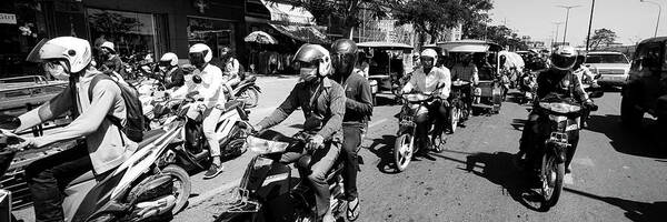 Asia Poster featuring the photograph Siem Reap cambodia street motorbikes black and whiite by Sonny Ryse