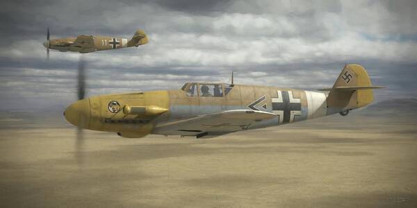 Wwii Poster featuring the digital art bf 109 Desert Hunters - Painterly by Robert D Perry