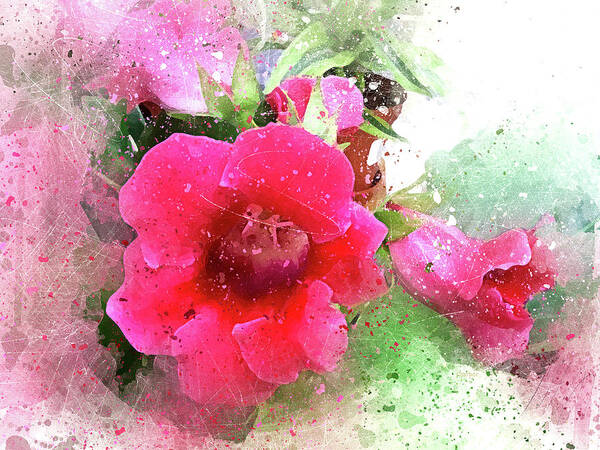 Nature Floral Flower Plant Hot Pink Green Peggy Cooper Cooperhouse Impressionist Poster featuring the digital art Gloxinia 4-C by Peggy Cooper-Hendon