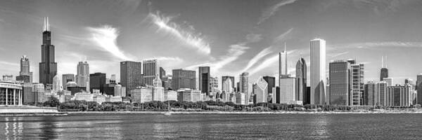 Chicago Poster featuring the photograph Chicago Skyline Panorama Black and White by Christopher Arndt