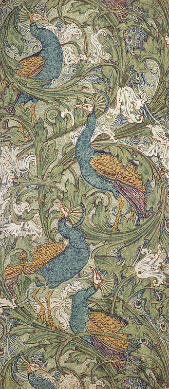 Design; Bird; Paper; Arts And Crafts Movement; Decoration; Peacock; Peacocks; Bird; Birds; Motif; Floral; Wallpaper; Wall; Paper; Peacock; Garden; Garden Scene; Muted Color; Decorative; Decor; Interior Decoration; Interior Design; Designs; Ornate; Ornamental; Cool Tones; Blue; Green; Yellow; Purple; Swirl; Swirling Lines; Repetition; Repeat; Pattern; Patters Poster featuring the painting Peacock Garden wallpaper by Walter Crane