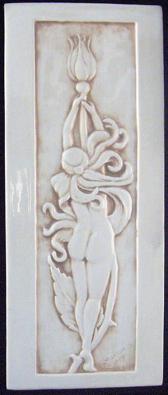 Tile Poster featuring the relief Decorative relief carved nude art nouveau rose fairy tile by Shannon Gresham