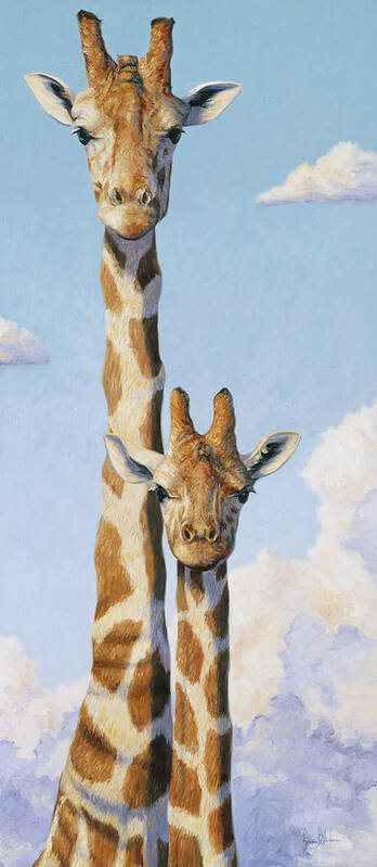 Giraffe Poster featuring the painting Two Heads in the Clouds by Lucie Bilodeau