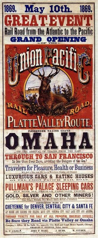 Union Pacific Rail Road Poster featuring the painting Union Pacific Rail Road - Platte Valley Route Inauguration - Vintage Advertising Poster by Studio Grafiikka