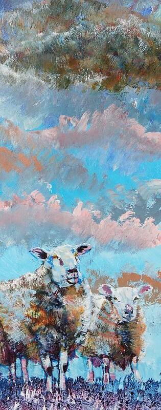 Sheep Poster featuring the painting Colorful Sheep Pink Cloudy Sky by Mike Jory