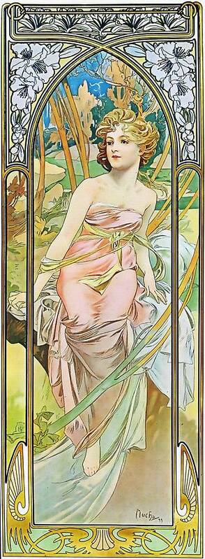 Alphonse Mucha Poster featuring the painting Morning Awakening by Alphonse Mucha