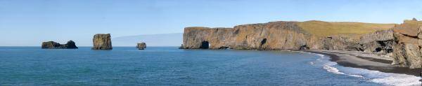 Arctic Circle Clouds Colors Europe Holiday Iceland Landscape Mountain Mountains Nature North Panorama Paradise Peace Polar Relaxation Rocks Rocky Sea Sky Sunset Tourism Welfare Poster featuring the photograph Vik nearby cliff panoramic by Sergio Boccardo