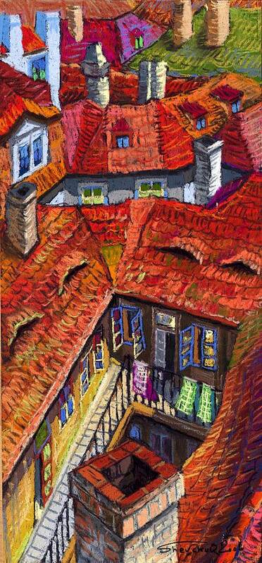 Pastel Poster featuring the painting Prague roofs 01 by Yuriy Shevchuk