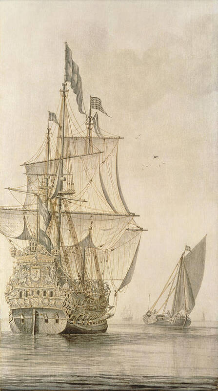 Carving Poster featuring the painting A Man-o-war Under Sail Seen From The Stern With A Boeiler Nearby by Cornelius Bouwmeester