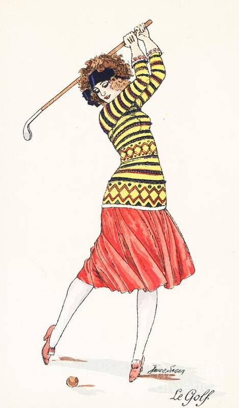 Golf Poster featuring the painting A woman in full swing playing golf by French School