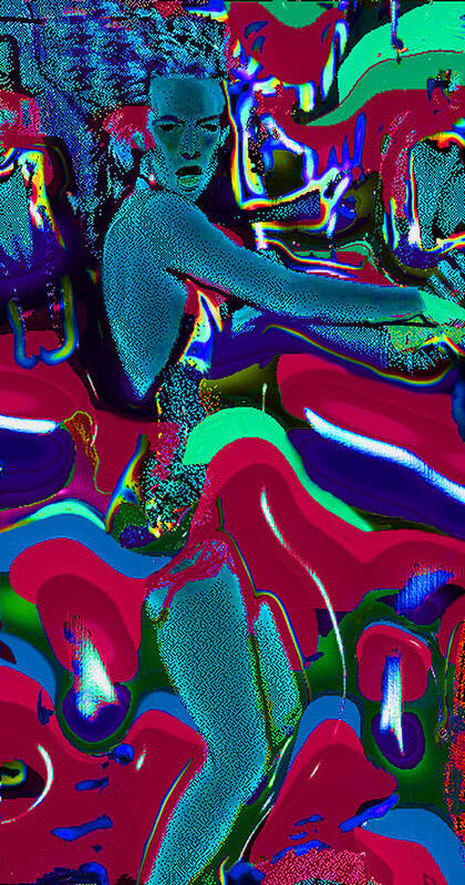 Blue La-rue Dancing Cosmic Mushrooms Poster featuring the digital art Blue La-Rue Dancing by Phillip Mossbarger