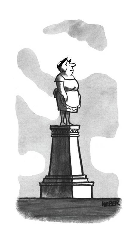 83811 Robert Weber. (mother In Apron Stands On A Pedestal.) Apron Award Day Mom Mother Mother's Mothers Pedestal Ridiculous Sculpture Silly Stands Statue Trophy Wife Woman Poster featuring the drawing New Yorker April 22nd, 1967 by Robert Weber