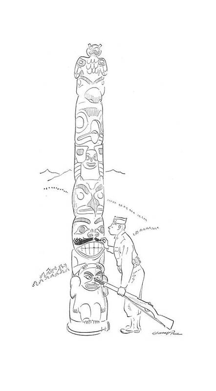 112100 Gpi Garrett Price Soldier Inspects A Totem Pole Poster featuring the drawing New Yorker August 15th, 1942 by Garrett Price