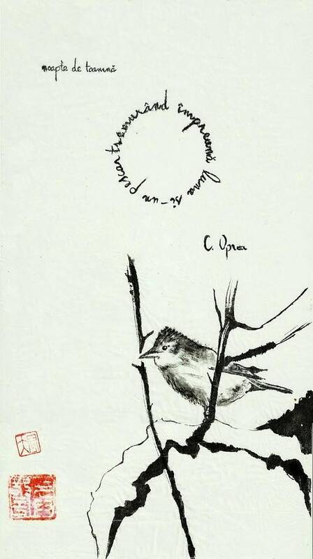 Plum Tree Rug Bird Sparrow Autumn Leaf Leaves Haiku Haiga Sumi E Ink Paper Kozo Rice Japan Japanese Calligraphy Shodo Seal Asia Delicate Circle Moon Romania Romanian Language Oprea Poster featuring the painting Sparrow In Autumn by Vlad Grigore