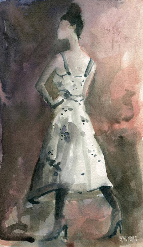 Fashion Poster featuring the painting Woman in a White Dotted Dress Fashion Illustration Art Print by Beverly Brown