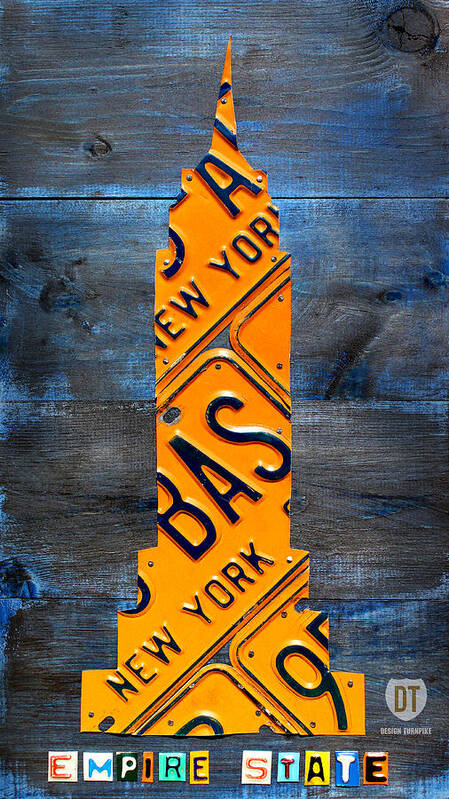 Nyc Poster featuring the mixed media Empire State Building NYC License Plate Art by Design Turnpike