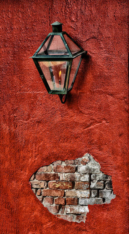 Gaslight On A Red Wall Poster featuring the photograph Gaslight on a Red Wall by Bill Cannon