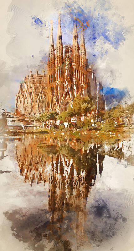 Sagrada Familia Poster featuring the painting Barcelona, Sagrada Familia - Watercolor 04 by AM FineArtPrints
