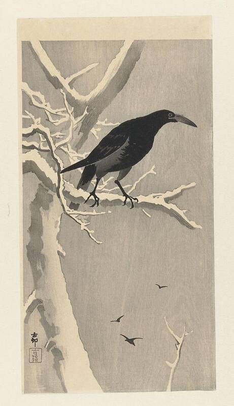 Crow On Snowy Tree Branch Poster featuring the painting Crow on snowy tree branch by Ohara Koson