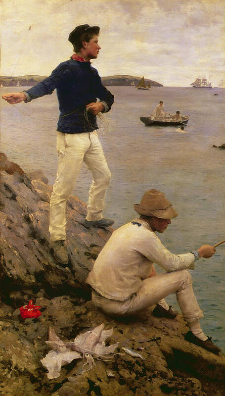 Squid; Guernsey; Jersey; Kerchief Poster featuring the painting Fisher Boys Falmouth by Henry Scott Tuke