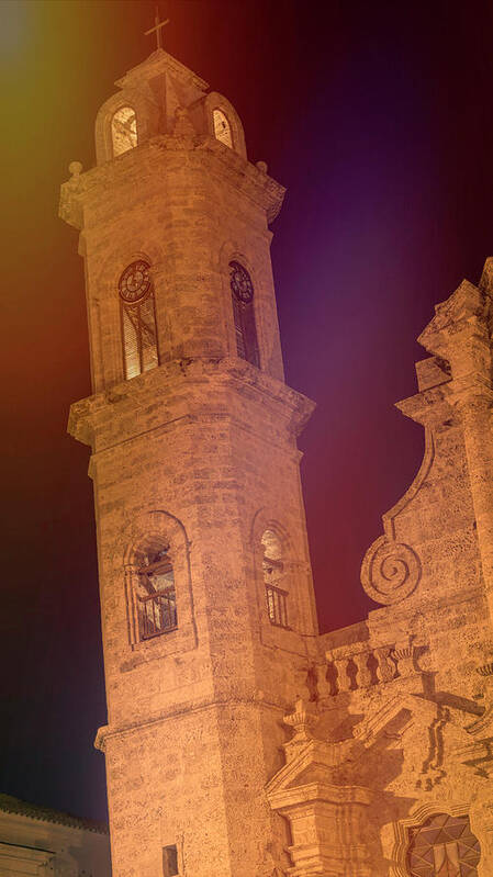 Joan Carroll Poster featuring the photograph Havana Cathedral Tower Night by Joan Carroll