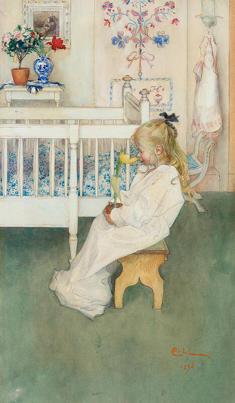19th Century Art Poster featuring the painting In Nightshirt - Lisbeth with a Yellow Tulip by Carl Larsson