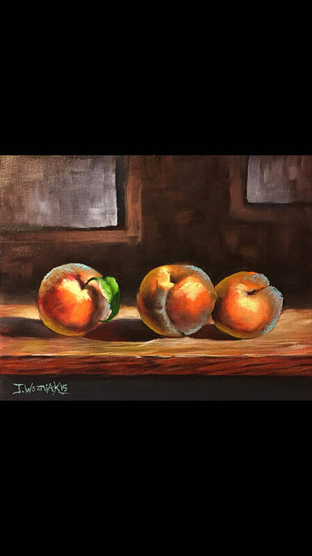 Peaches Fruit Board Painting Still Life Landscape Background Window Light Poster featuring the painting Peaches by Justin Wozniak