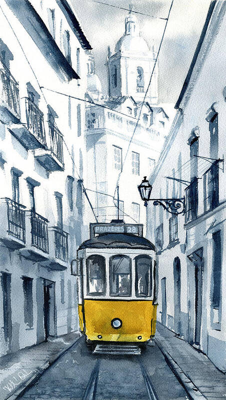 Tram Poster featuring the painting Lisbon 28 Yellow Tram in Alfama by Dora Hathazi Mendes