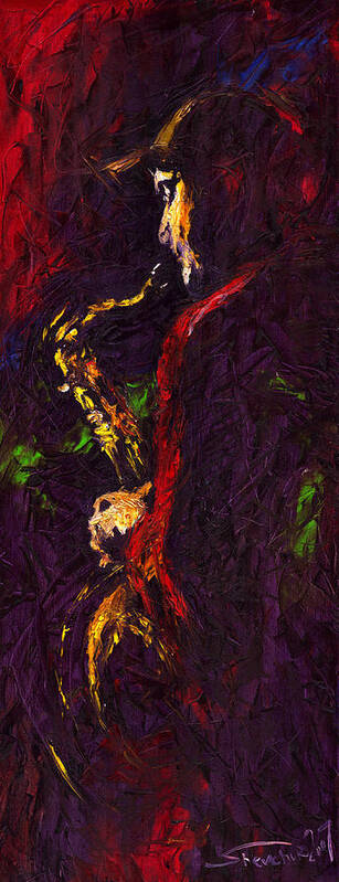 Jazz Poster featuring the painting Jazz Red Saxophonist by Yuriy Shevchuk