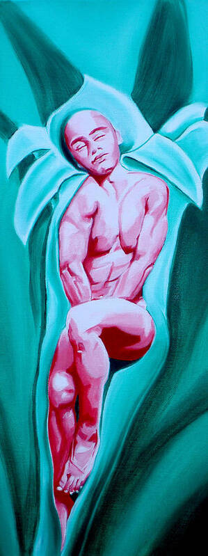 Male Nude Figurative Abstract Lily Flower Erotic Poster featuring the painting Nestled in Lily by Davinia Hart