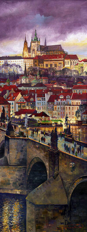 Prague Poster featuring the painting Prague Charles Bridge with the Prague Castle by Yuriy Shevchuk