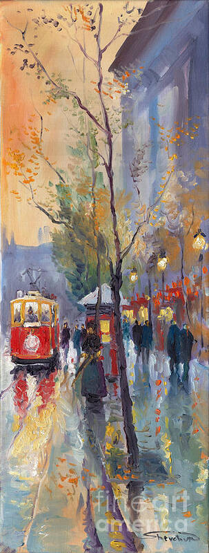 Prague Poster featuring the painting Prague Old Tram Vaclavske Square by Yuriy Shevchuk