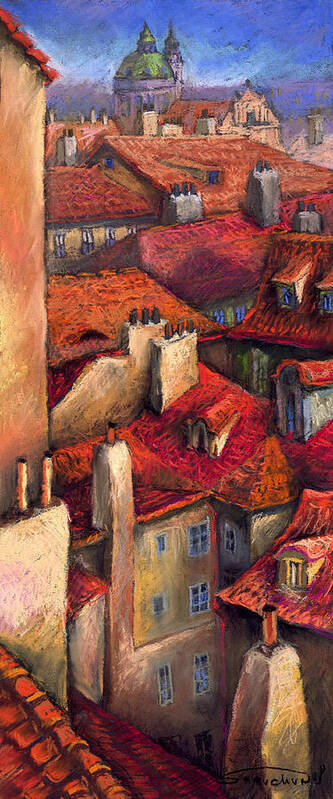 Prague Poster featuring the painting Prague Roofs by Yuriy Shevchuk