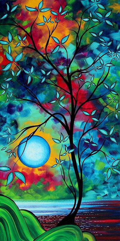 Art Poster featuring the painting Abstract Art Landscape Tree Blossoms Sea Painting UNDER THE LIGHT OF THE MOON I by MADART by Megan Aroon