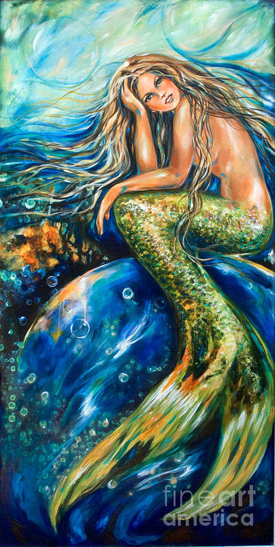 Mermaid Poster featuring the painting Resting on a Bubble Revised by Linda Olsen