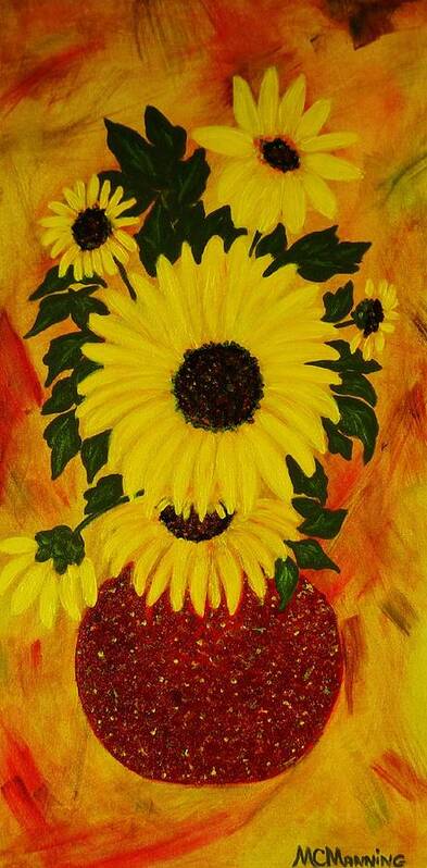 Sunflowers In Red Vase Poster featuring the painting Sunflowers by Celeste Manning
