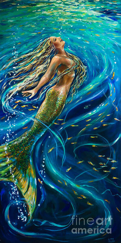 Mermaid Poster featuring the painting Swimming to the Surface by Linda Olsen