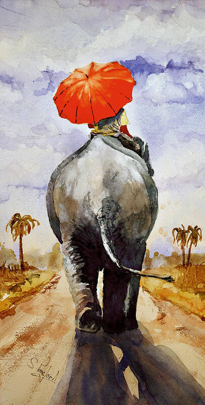 Elephant Poster featuring the painting The red umbrella by Steven Ponsford