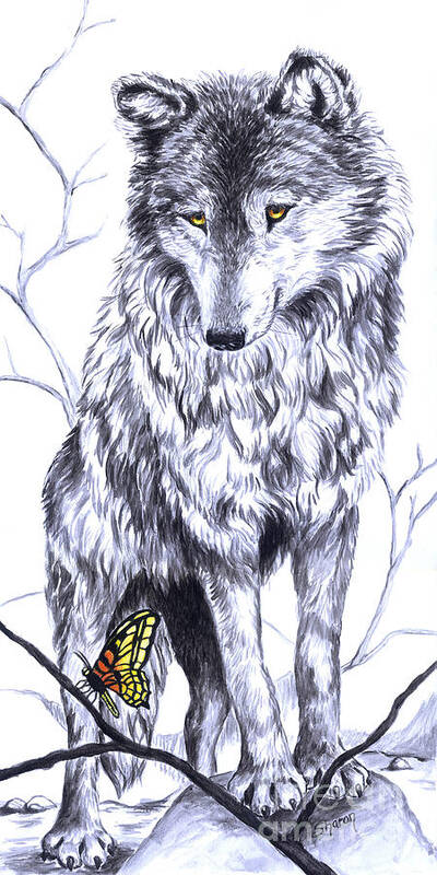 Wolf Poster featuring the mixed media Wolf and Butterfly 2 by Sharon Molinaro