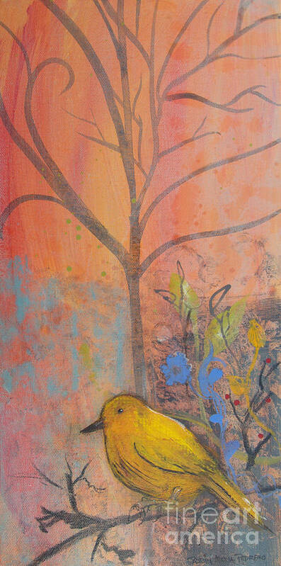 Yellow Bird Poster featuring the painting Yellow Peace Bird on Orange by Robin Pedrero