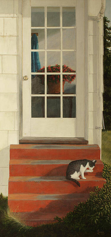 Thanksgiving Cat Porch Step Steps Stoop Cactus Door Poster featuring the painting Thanksgiving by Laurie Stewart