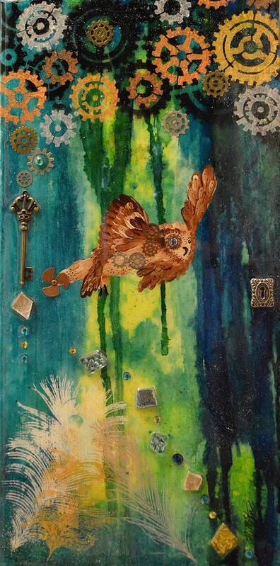 Iphone Cases Poster featuring the painting Steampunk Owl Blue Horizon by MiMi Stirn