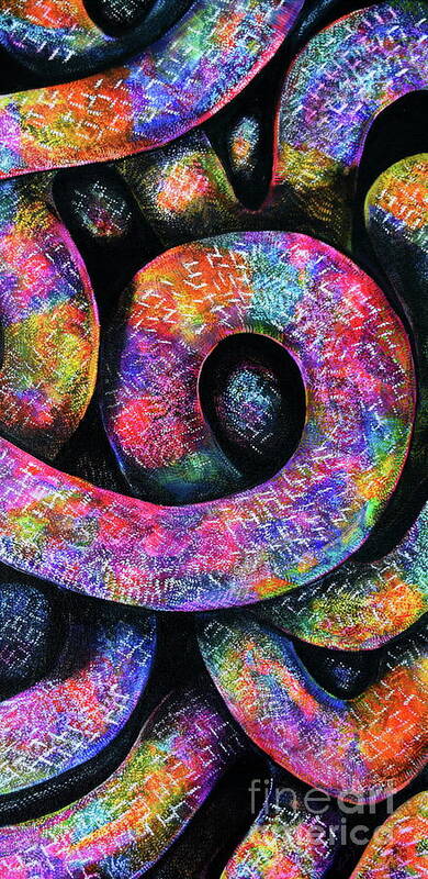 Coil After Coil Of Snake Body One On Top Of Another .depth And Dimension .rainbow Hues With Black Background . Poster featuring the painting Imaginary Anaconda by Priscilla Batzell Expressionist Art Studio Gallery