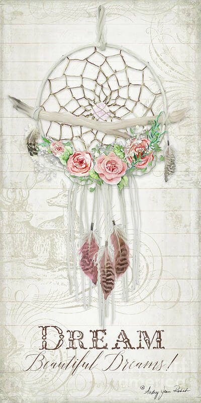 Dream Catcher Poster featuring the painting BOHO Western Dream Catcher w Wood Macrame Feathers and Roses Dream Beautiful Dreams by Audrey Jeanne Roberts