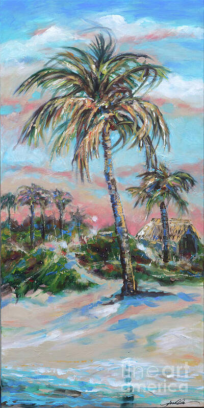 Tropical Poster featuring the painting Bungalow By Lagoon by Linda Olsen