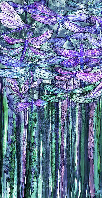 Carol Cavalaris Poster featuring the mixed media Dragonfly Bloomies 2 - Lavender Teal by Carol Cavalaris