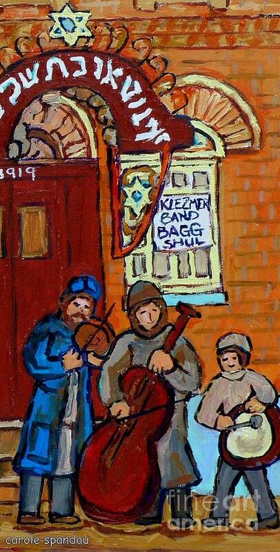 Montreal Poster featuring the painting Klezmer Band Live Performance At Bagg Synagogue Montreal Street Scene Jewish Art Carole Spandau   by Carole Spandau