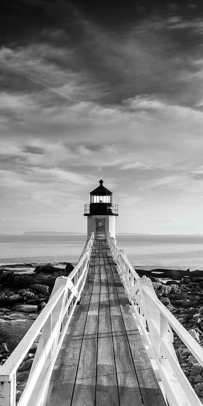 Maine Poster featuring the photograph Maine Marshall Point Lighthouse Vertical Panorama in Black and White by Ranjay Mitra
