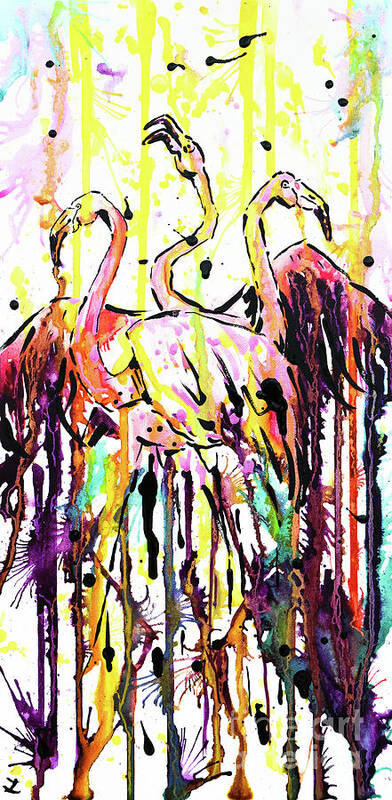 Flamingo Poster featuring the painting Merging. Flamingos by Zaira Dzhaubaeva